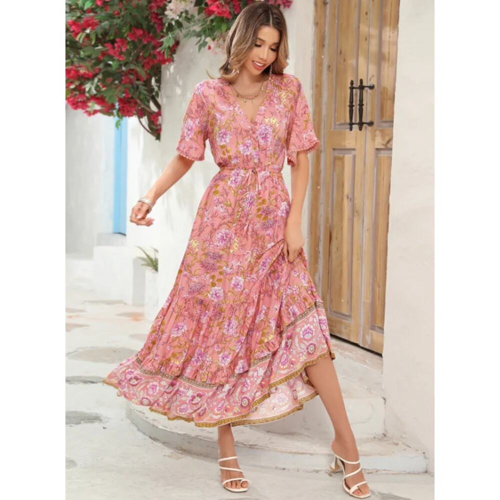 NWT R. Vivimos Women’s Boho Whimsical Tiered Ruffle Maxi Dress Size L 12/14 Pink